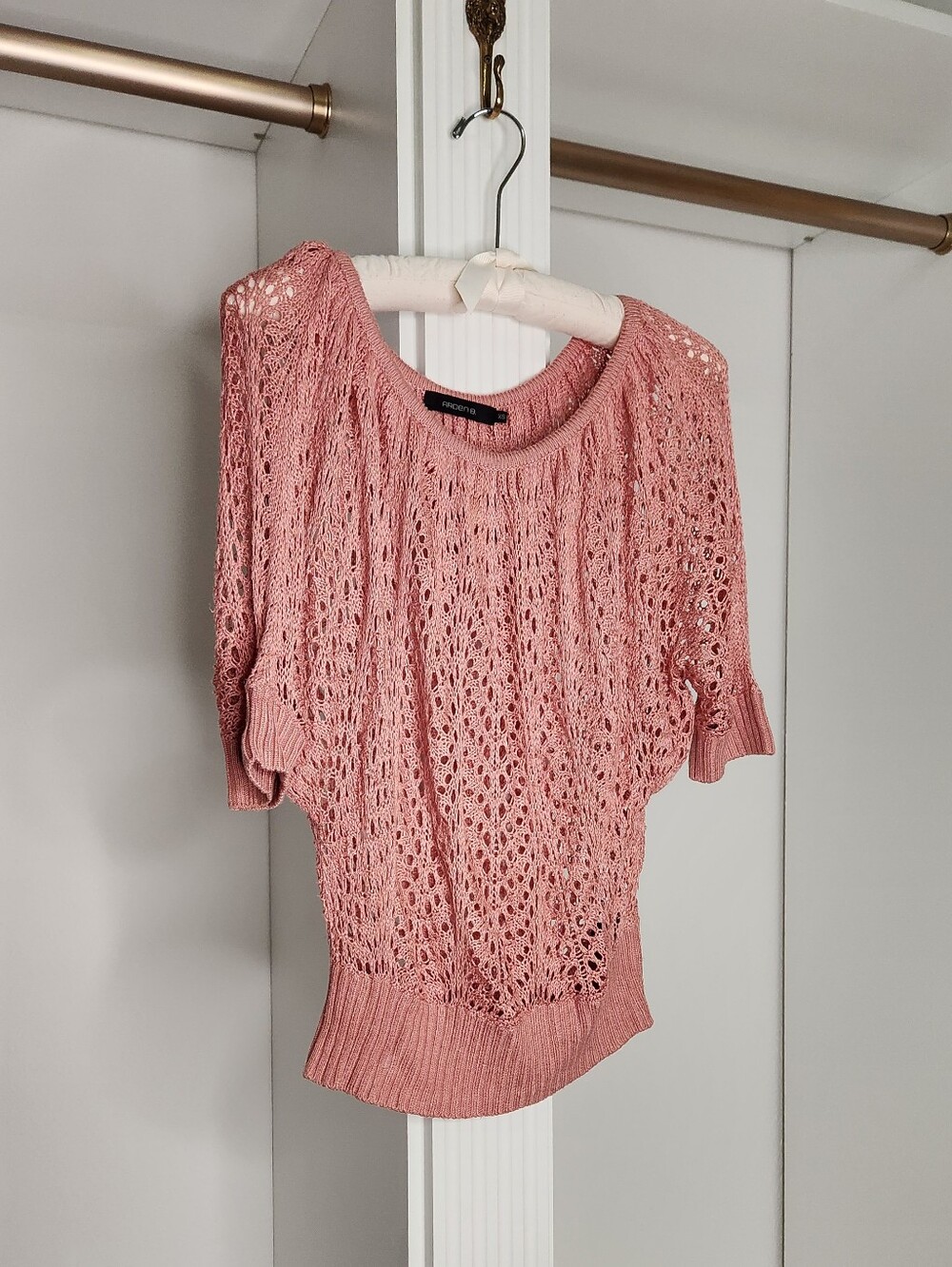 Arden B Peach Colored Crocheted Short-Sleeve Sweater